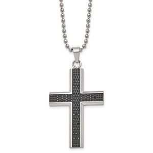 Stainless Steel Black Rhodium Black Diamond Cross Necklace, 24 Inch